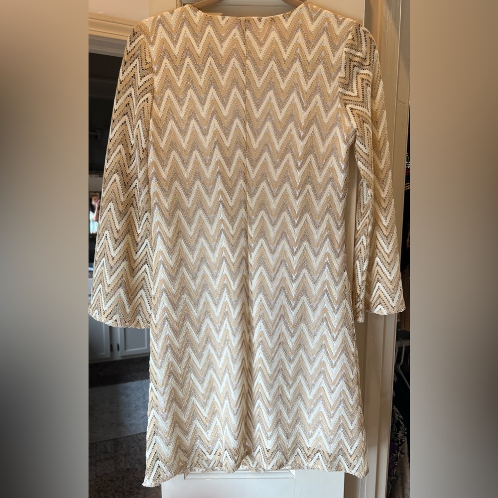 Lilly Pulitzer Cream and Tan Chevron Long Sleeve Metallic Dress - Picture 4 of 5